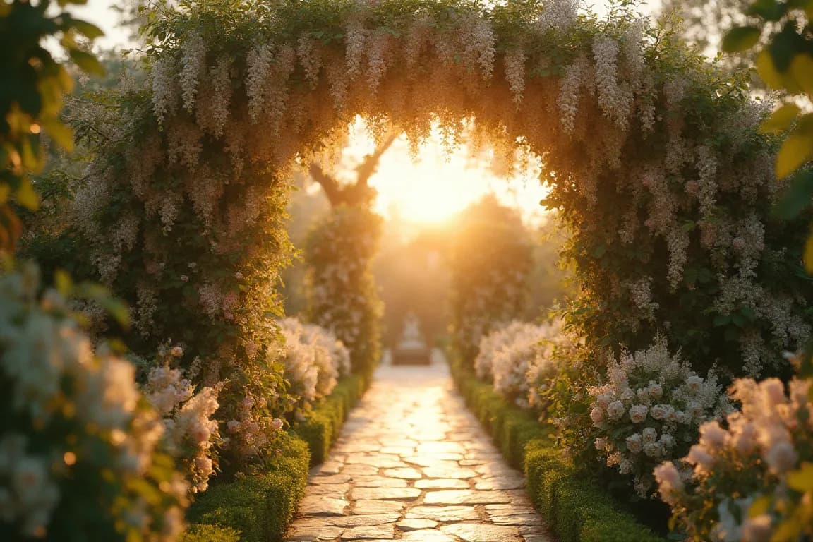A hand-built cinematic invitation opening over a golden-hour garden scene