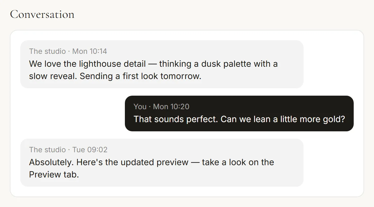 The message thread with the studio — brief, questions and feedback in one conversation