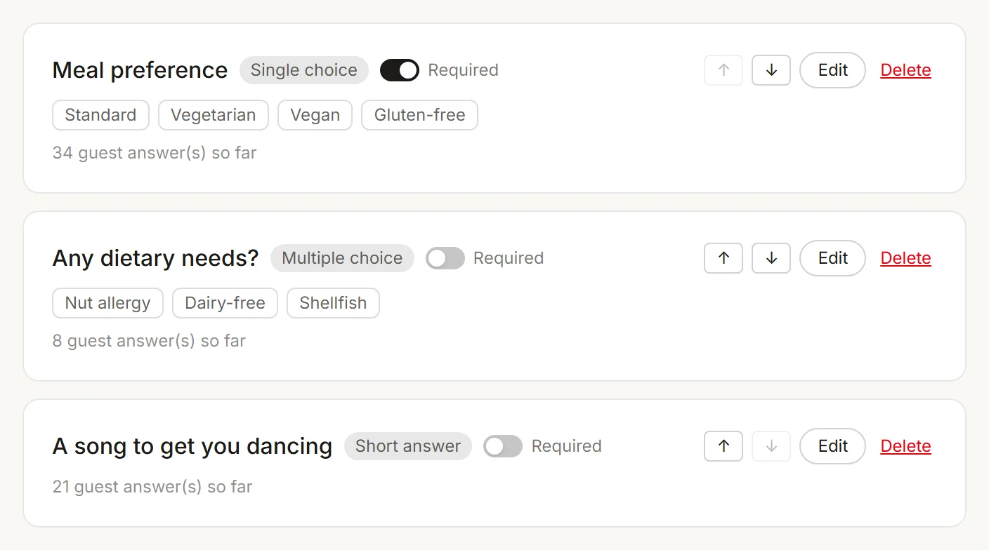 The questionnaire builder — meal choice, dietary needs and a song request, each with a required toggle