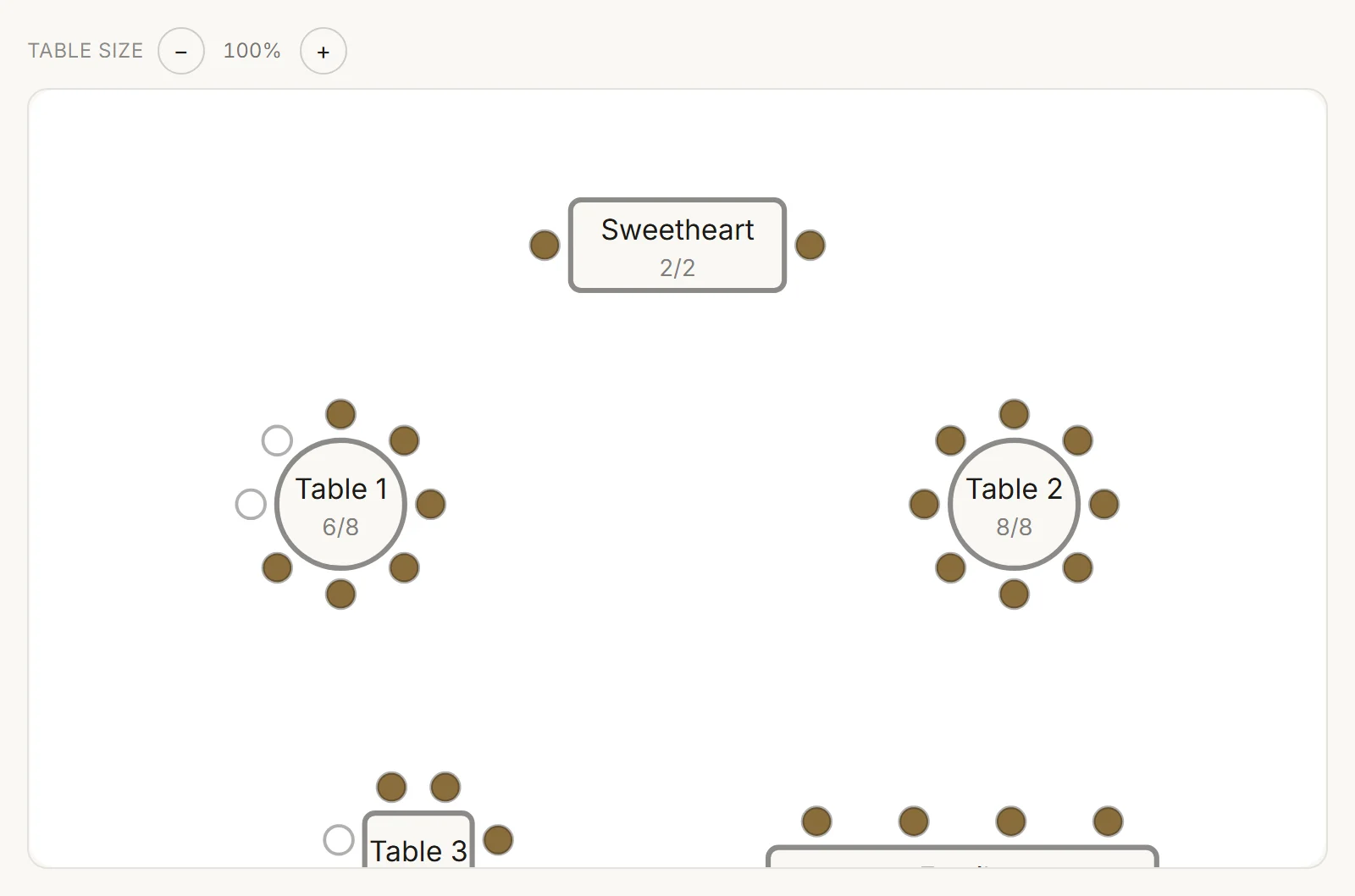 The seating floor plan — round, square and banquet tables with guests assigned to seats